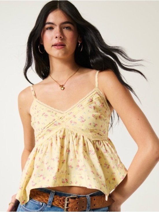 Hollister Tops - Hollister Pale Butter Yellow Floral Lace-Trim Cami Top Size XS